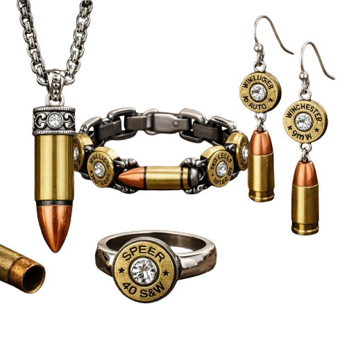 Brass and nickel bullet jewelry supplies, including necklace, bracelet, earrings, and ring, featuring various calibers