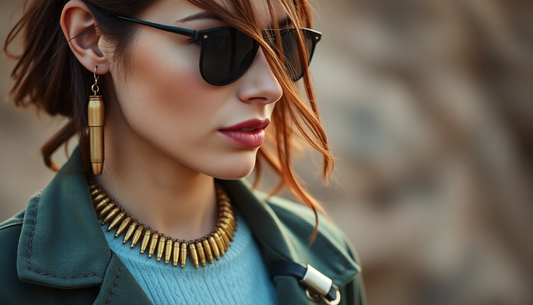 Brass bullet casing earrings paired with stylish sunglasses and casual attire, showcasing how to make bullet earrings