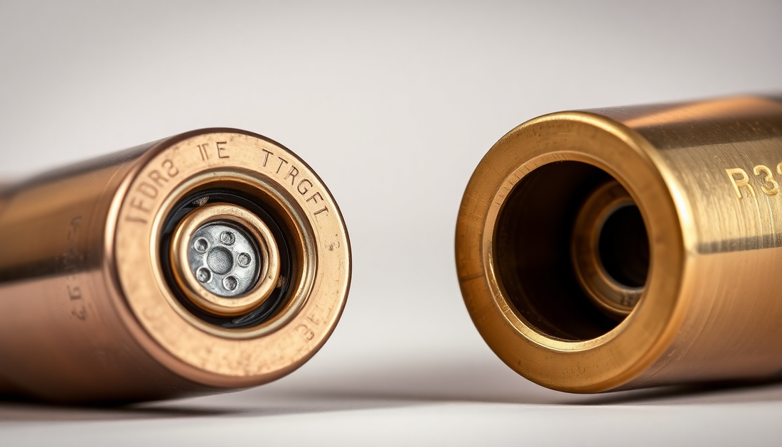 Brass bullet casings for jewelry, 9mm caliber, showcasing detailed interior and exterior views
