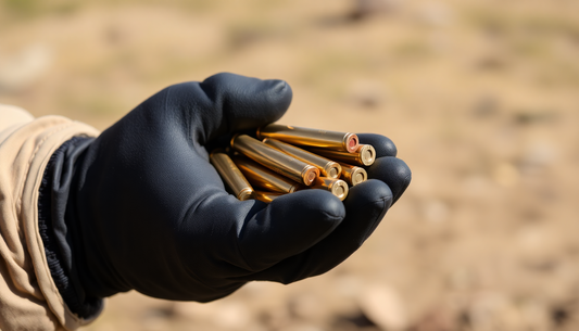 A person wearing gloves handling bullet casings outdoors