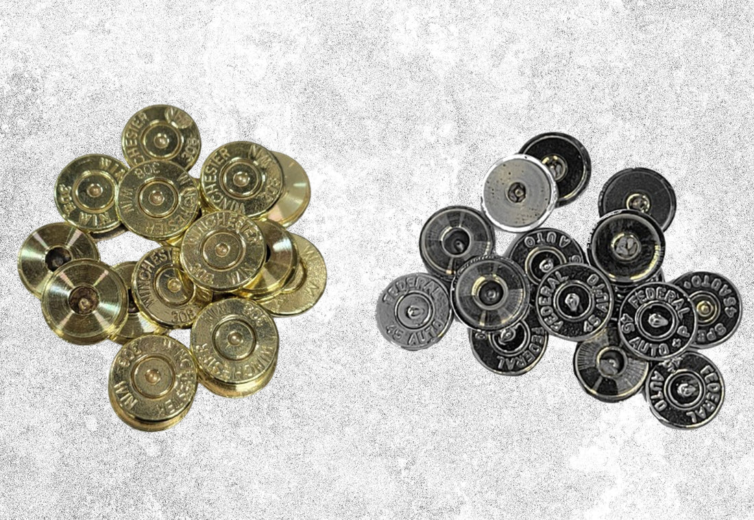 Brass and silver bullet slices for crafts with bullet casings, showcasing different finishes and details