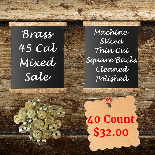 Brass 45 Cal mixed bullet slices for jewelry making, 40 count, machine sliced and polished