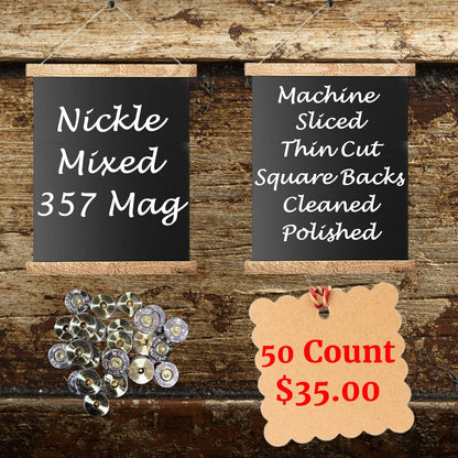 Brass and nickel 357 Mag bullet jewelry supplies, machine sliced and polished, 50 count