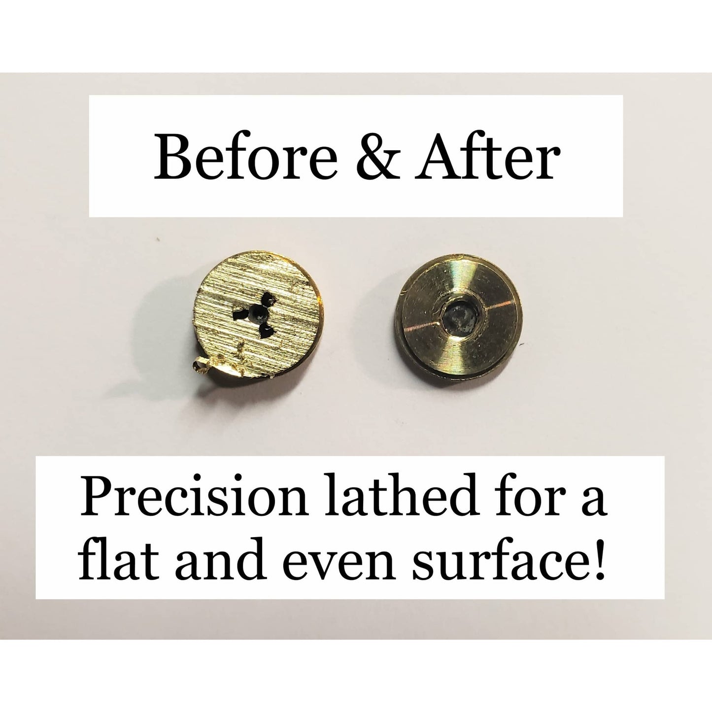 Before and after of precision lathed mixed bullet calibers for crafting with a flat and even surface