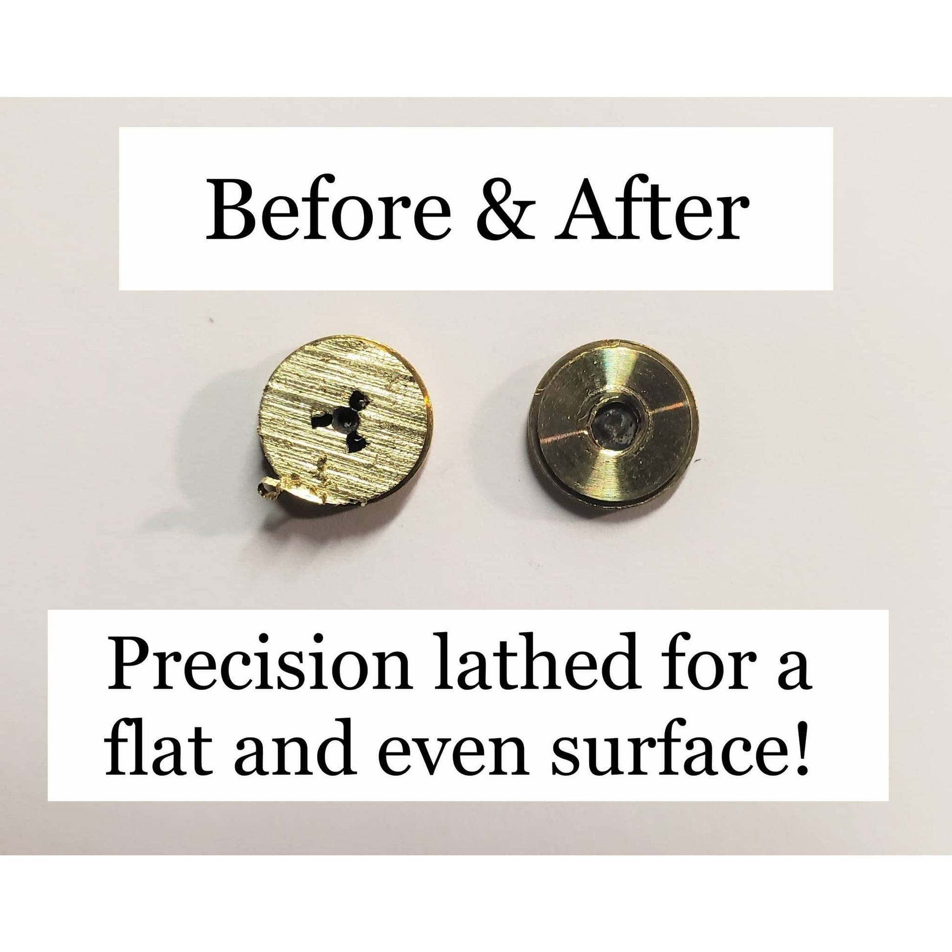 Before and after of precision lathed mixed bullet calibers for crafting with a flat and even surface